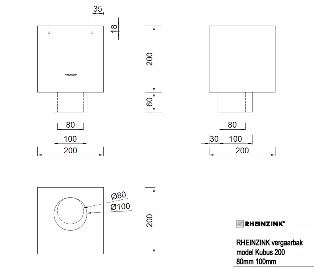 Vergaarbak zink 80 mm - Kubus 200x200 mm | Rheinzink