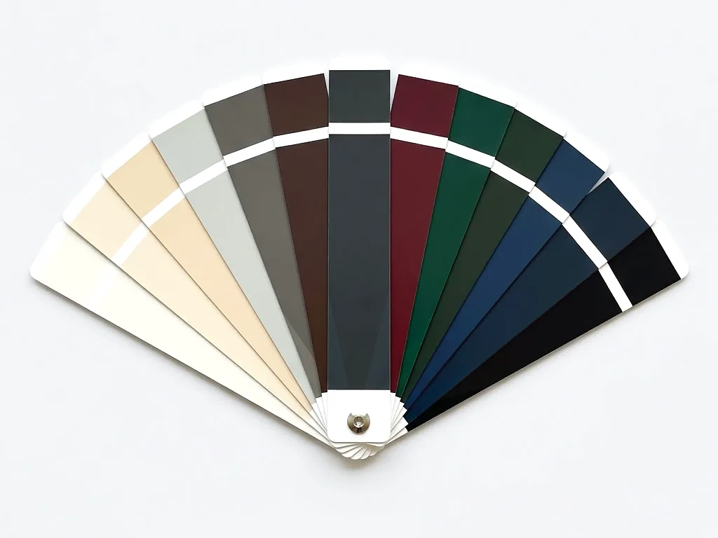 Kleurenwaaier met dertien RAL-kleuren van wit en crème via grijs, bruin, rood, groen en blauw tot zwart, met RAL 7016 in het midden